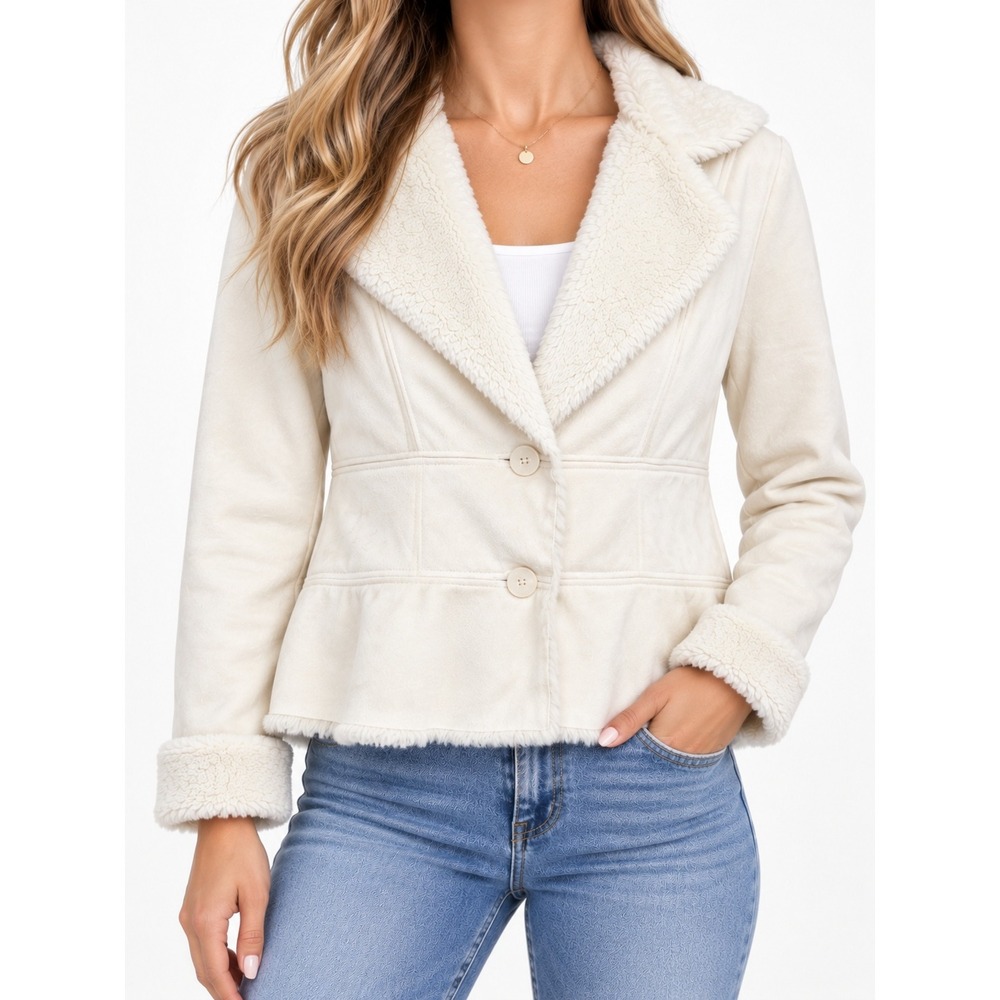 Coldwater Creek Faux Suede Jacket Cream Faux Fur Lined Winter Coat M 10-12